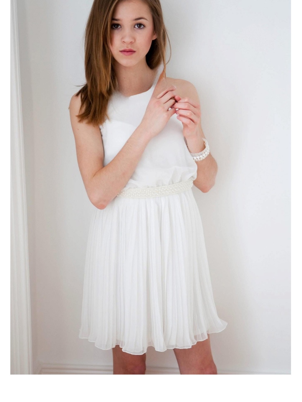 Girls White Beaded Waist Formal Dress